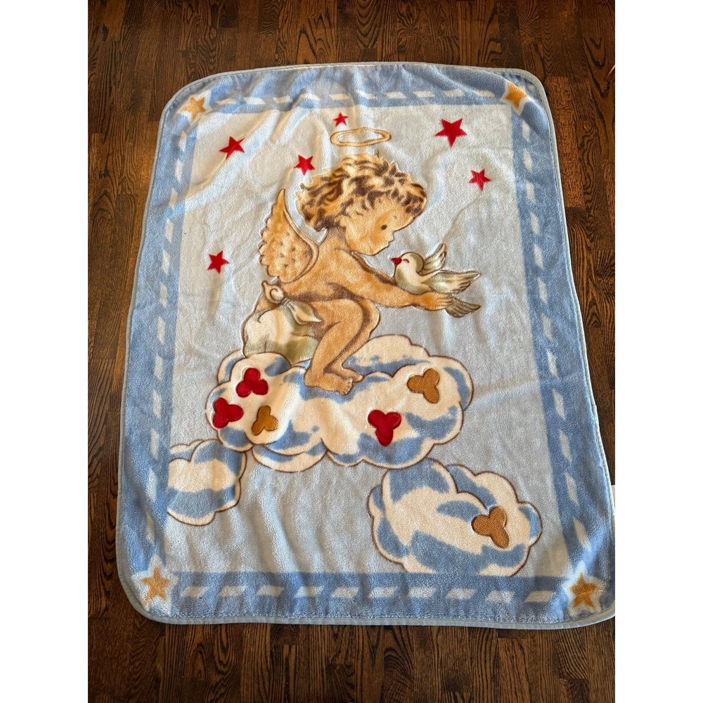 Vintage mink plush baby Blanket. Cherub with dove